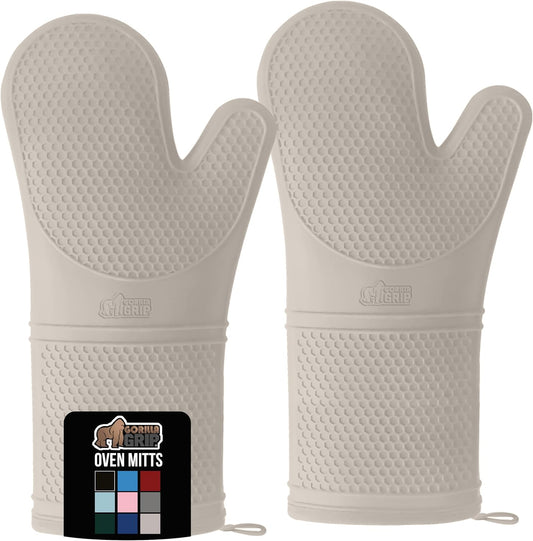 GORILLA GRIP BPA-Free Soft Silicone Oven Mitts, 14.5x8.3, Heat Resistant and Waterproof Cooking Gloves, Thick Cotton Lining, Flexible Gripping for Baking Grilling, Kitchen Potholders Set of 2, Almond