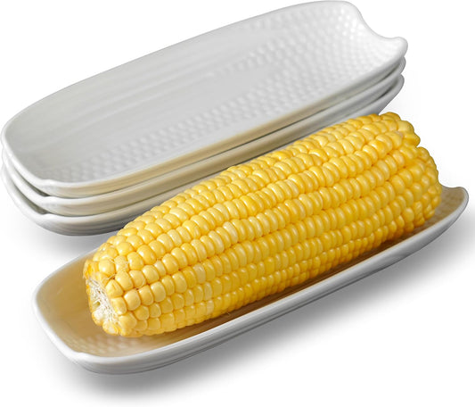 Cinf Ceramic Corn Cob Holders 8.8" Corn Dishes Set of 4, White Dishes Non-slip Bottom Microwave Dishwasher Oven Safe