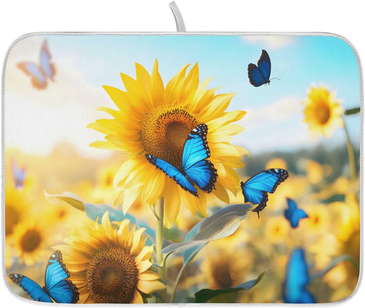 Blooming Sunflowers Blue Butterfly03 Dish Drying Mat for Kitchen Counter Absorbent Microfiber Small Drying Pad Dish mats for Kitchen Countertops 16 x 18 Inch