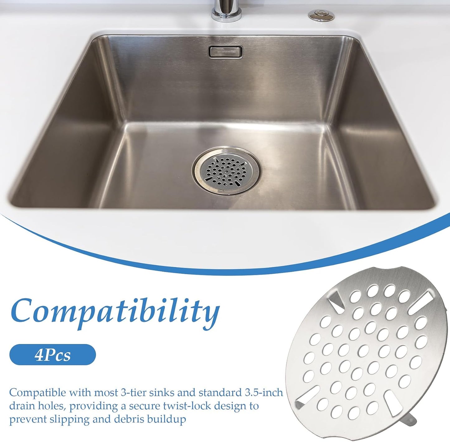 3.5 Inch Commercial Sink Strainer, Durable Drain Cover for Most 3-Tier & Commercial Sinks, Twist Design for Easy Installation, 4-Pack