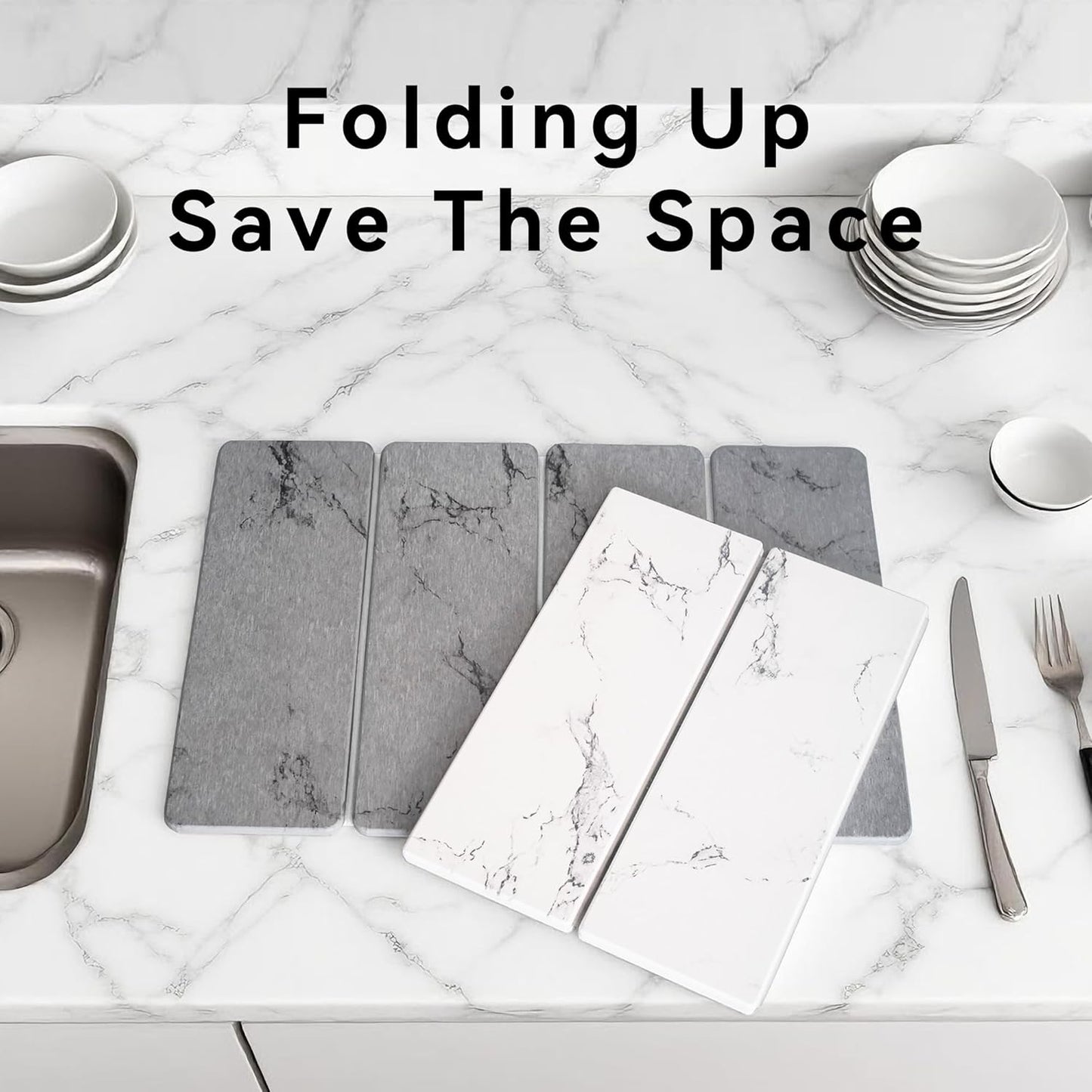 Large Stone Dish Drying Mat, Foldable Stone Drying Mat, 24" x 16" Diatomaceous Earth Drying Mat for Kitchen Counter, Super Absorbent Fast Dry Mat, Drying Board Diatomaceous for Kitchen, Marble Gray