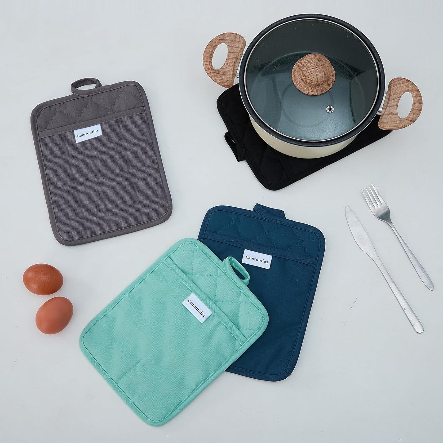 Kitchen Pot Holders, 7"x9", Rectangular with Pocket, Cotton and Neoprene Heat-Resistant Potholders for Cooking and Baking, Machine Washable, 3-Piece Set (Navy Blue)