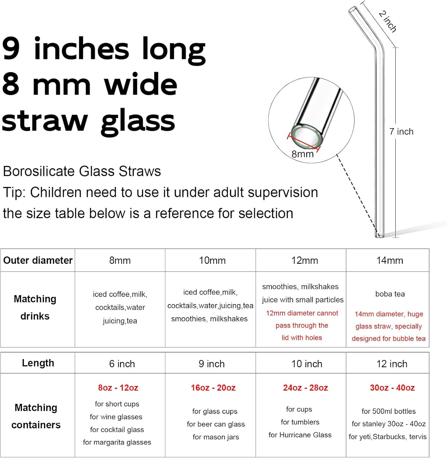 Borosilicate Glass Straws for 16 oz Tumbler, 9 inch 8mm BPA Free, Reusable Drinking Straws Clear Bent Skinny for Iced Coffee and Hot Drinks