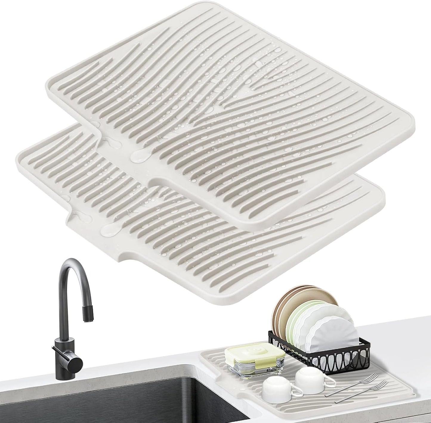 Dish Drying Mat, Stone Drying Mat for Kitchen Counter with Built-in Drain, Non-Slip Drying Matt Kitchen Counter, Heat Resistant Silicone Drying Mat, Dish Drying Pad, 2 Pcs (Cream 19.7" x 17")