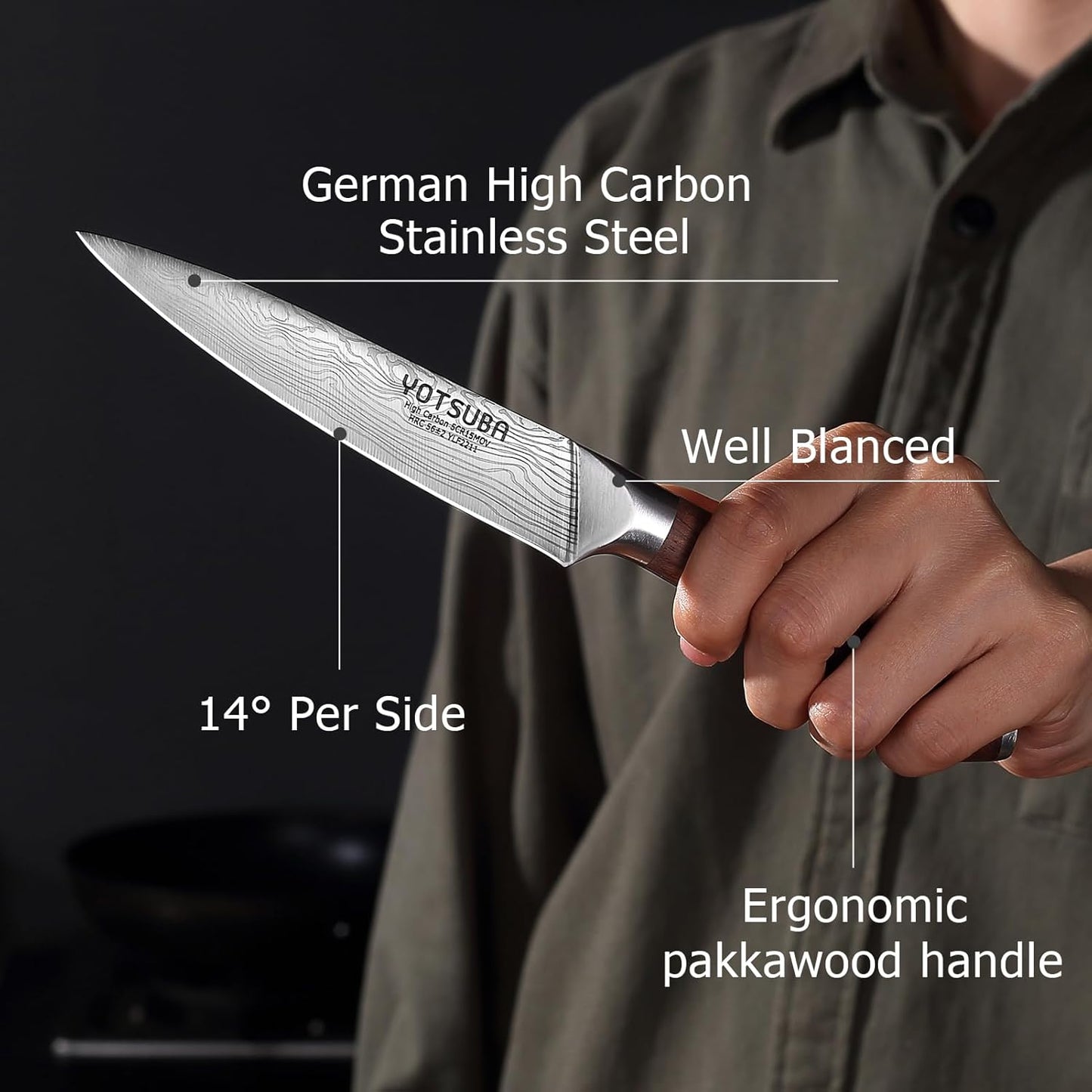 YOTSUBA Utility Knife,5 Inch Petty Kitchen Knife, Forged High Carbon German Steel chef knives, Paring knives, Full Tang & Razor Sharp Ergonomic Handle Design