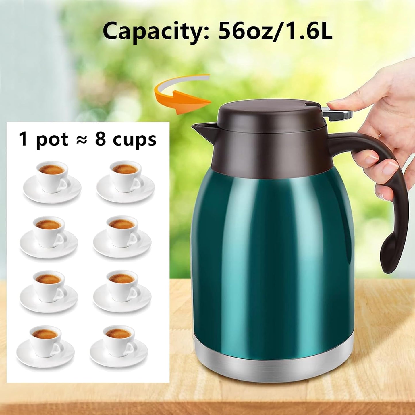 54oz Stainless Steel Thermal Coffee Carafe Dispenser, Unbreakable Double Wall Vacuum Flask 1.6L Water Tea Pot Beverage Pitcher for Hot Coffee for Christmas Carafe (Green)