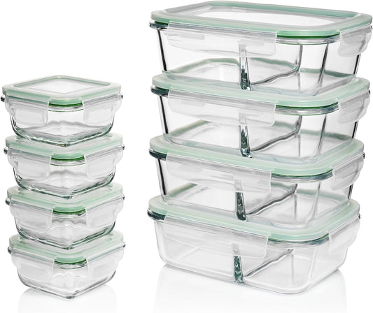 Fusion Gourmet Glass Meal Prep Containers with Lids [8 Pack, 33 oz & 4.5 oz] - 2 Compartment Divided Glass Bento Boxes for Adults, Oven Safe & Airtight