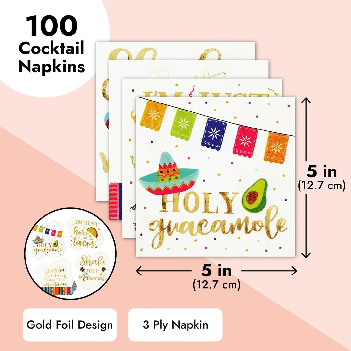 100 Pack Mexican Fiesta Napkins for Cinco de Mayo Party Supplies, Taco Fiesta Decorations in 4 Designs (5x5 In)