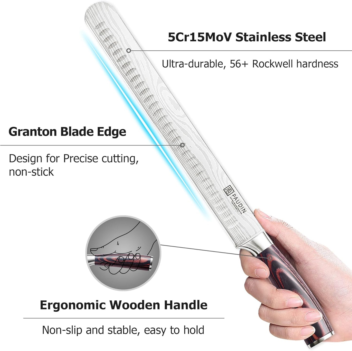 PAUDIN Brisket Knife, 12 Inch Carving Knife Stainless Steel Brisket Slicing Knifes with Granton Edge for Meat Cutting, Roasts, BBQ, Turkey