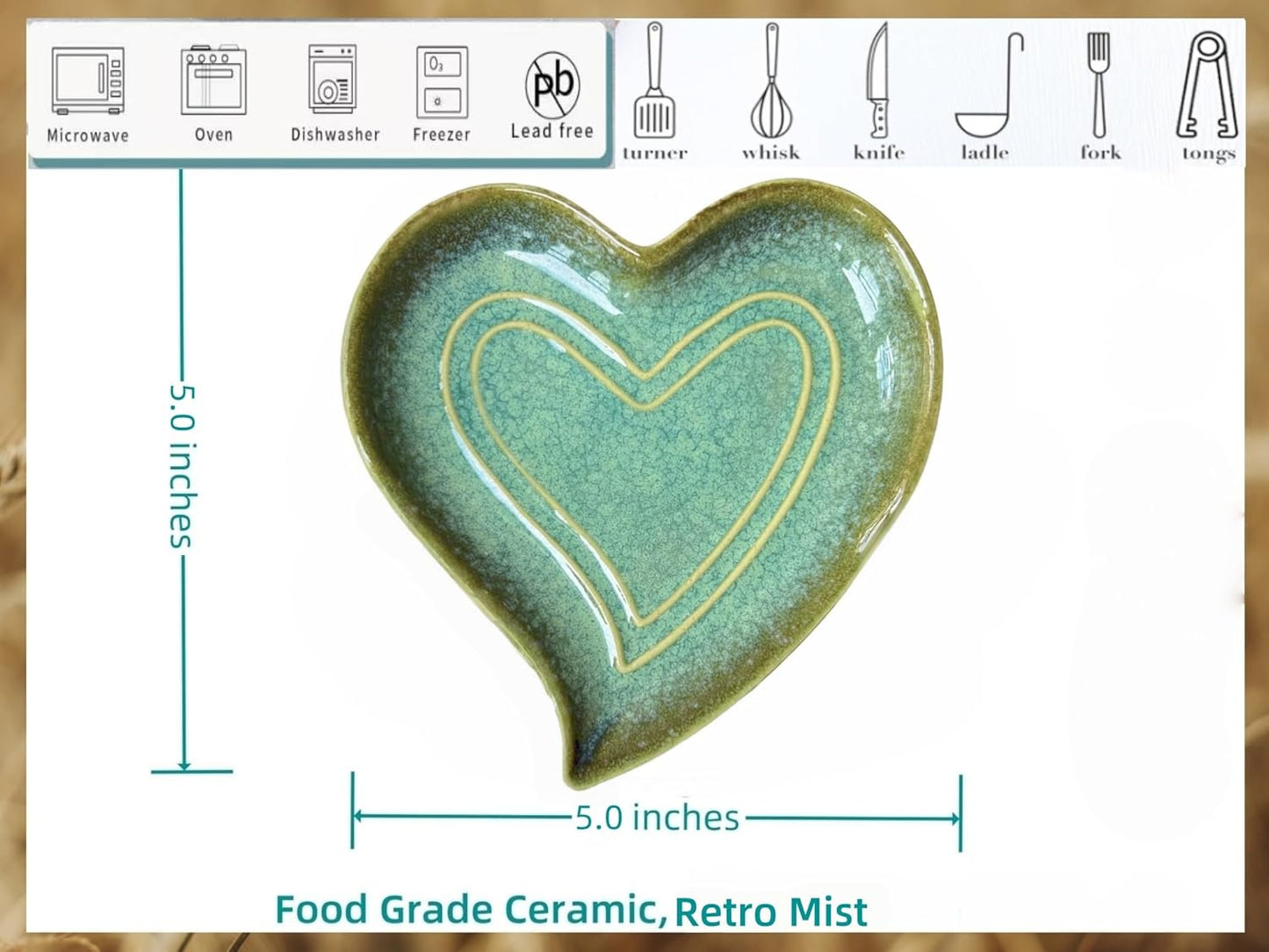 Ceramic Spoon Rest for Stove Top, Heart Cute Spoon Rest for Kitchen Counter, Cooking Spoon Holder for Kitchen Counter, Utensil Rest Spatula Rest Ladle Holder Tong Rest (Retro Mist Green)