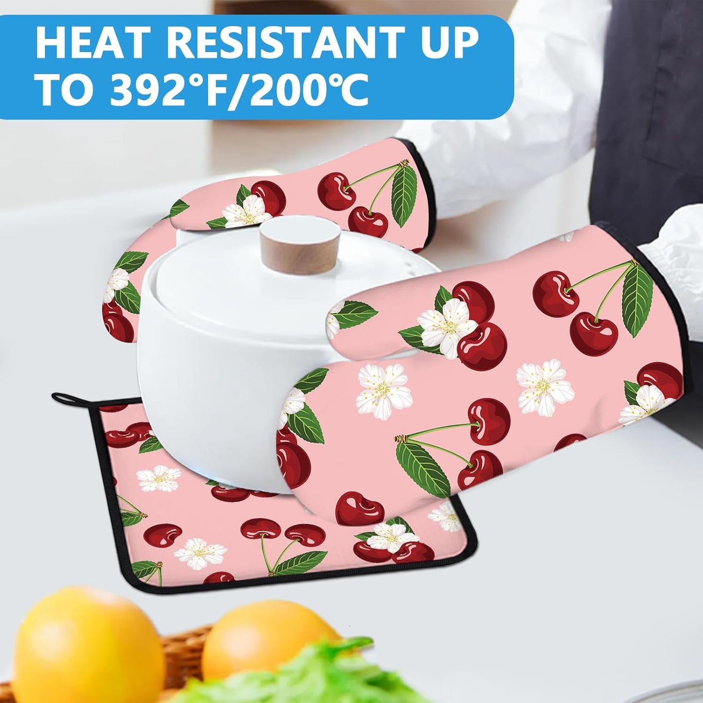 Cherry Oven Mitts and Pot Holders Sets Heat Resistant 4Pcs White Flower Potholders Oven Gloves Hot Pads for Kitchen Baking Cooking Grilling BBQ