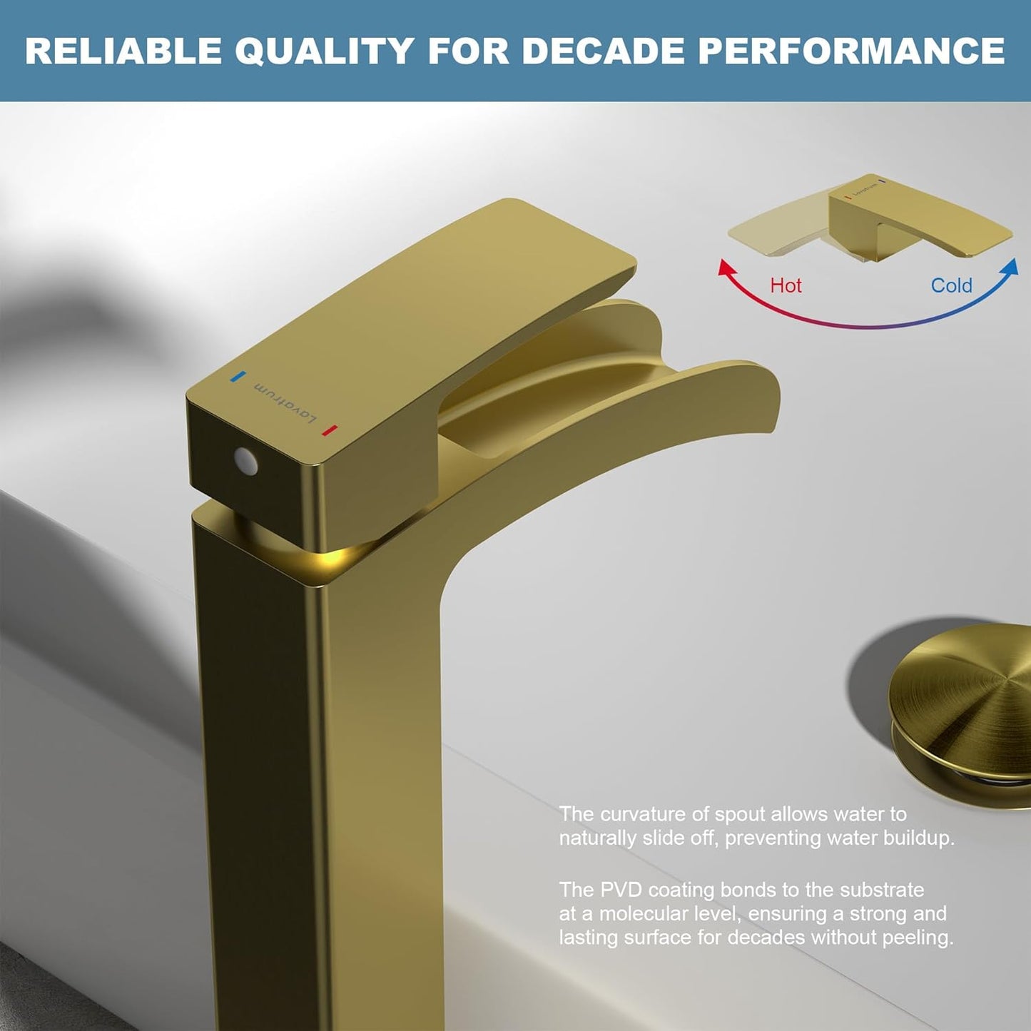 Bathroom Faucet Tall Vessel Waterfall Faucet Deck Mount Single Handle Lavatory with Water Supply Line and with Pop Up Drain （Brushed Gold ）