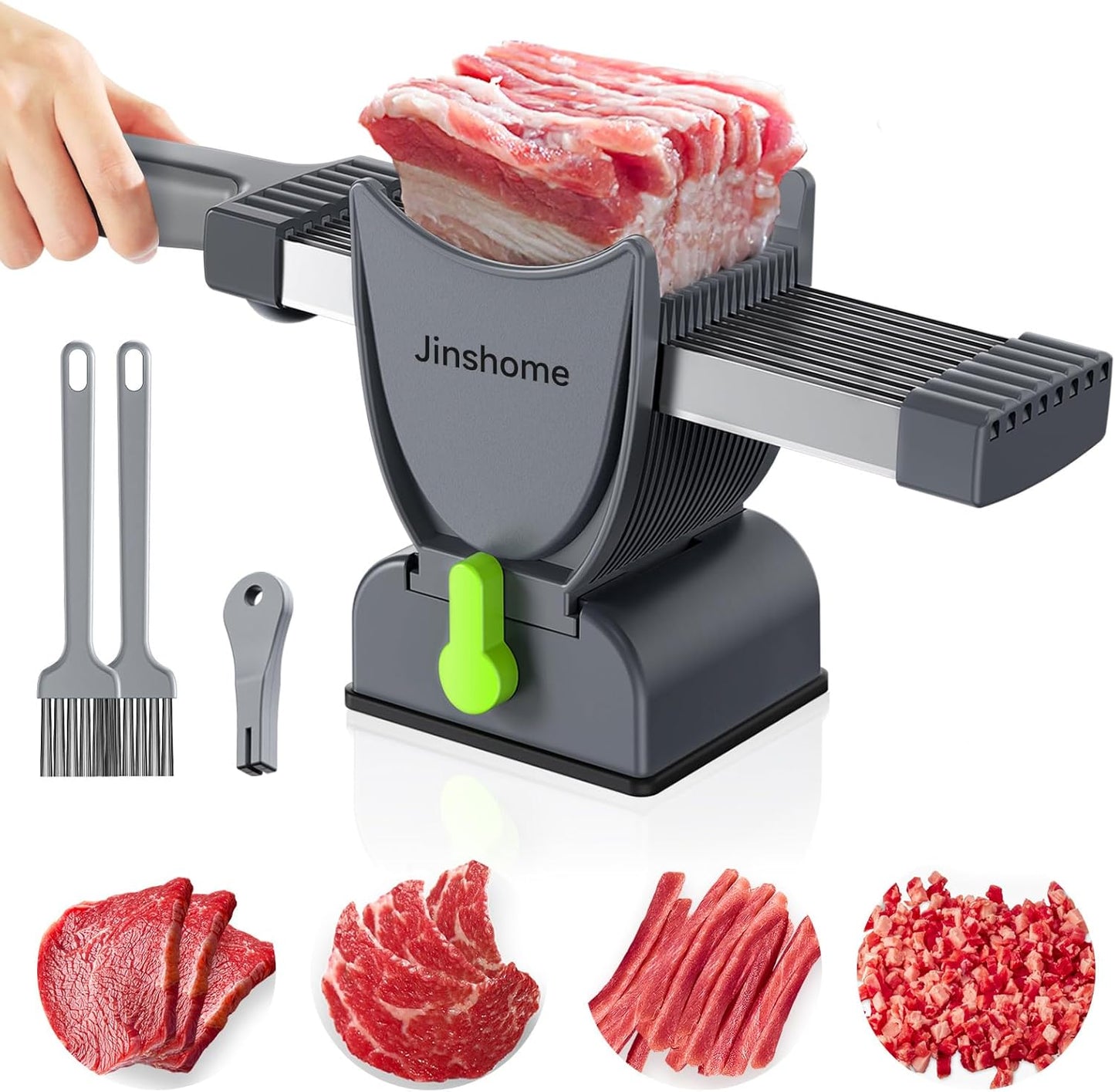 Fresh Meat Slicer, Thickness Adjustable 2 or 4 mm, 17 IN 1 Stainless Steel Manual Meat Cutter, Cleaver Kitchen Knife, Jerky Slicer Suit for Chicken Breast Beef Pork (Gray)