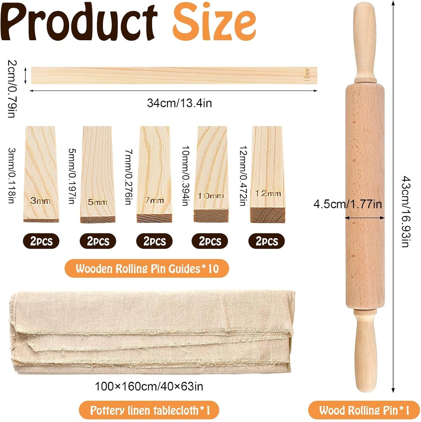 Akamino 20 Pcs Pottery Tools Include 1 Wood Rolling Pin,1 Portable Pottery Linen Tablecloth, 10 Pcs 5 Size Teaching Rolling Mud Stick Guide, 8 Clay Sculpting Tools for Manual Self Ceramic Clay Making
