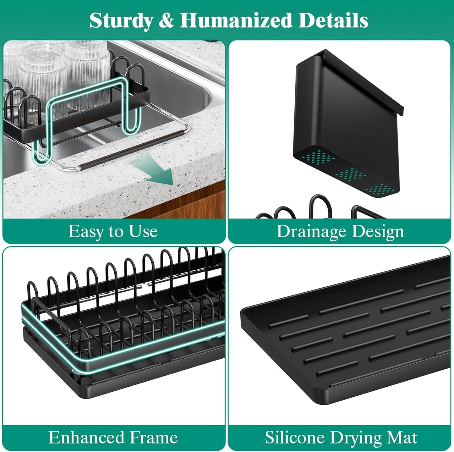 Giwil Small Sink Drying Rack, Compact Dish Rack with Silicone Mat for Kitchen Counter, Expandable Rustproof Dish Drying Rack Used Over Sink, in Sink & on Countertop, Black