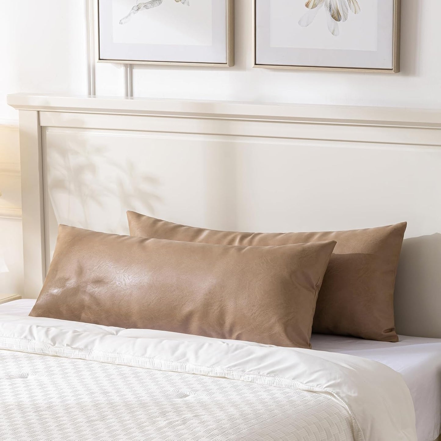 Fancy Homi Tan Boho Long Lumbar Faux Leather Body Decorative Throw Pillow Cover 14x40 Inch for Bedroom Couch Bed Sofa, Stylish Solid Rectangular Beige Pillowcase, Rustic Modern Farmhouse Room Decor