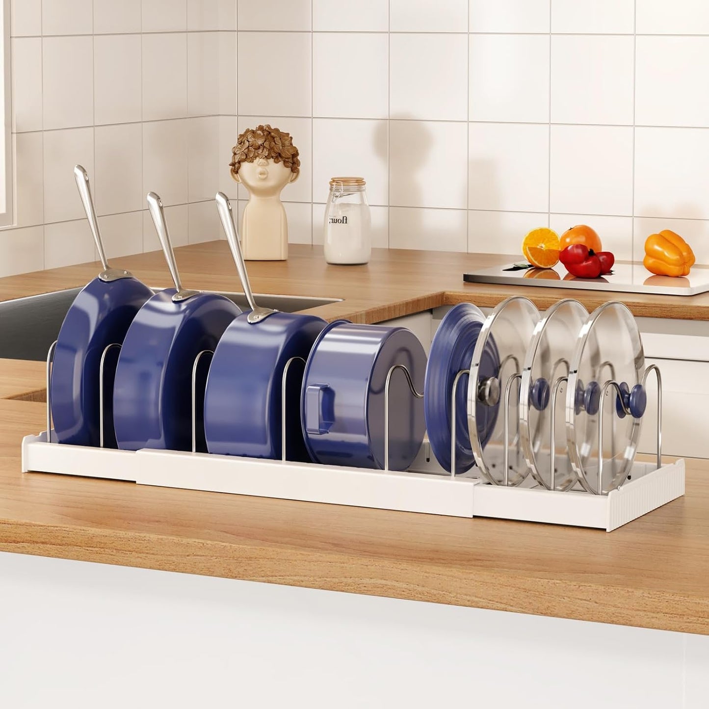 Expandable Food Storage Container Lid Organizers, 22" Pots and Pans Organizer Under Cabinet with 9 Adjustable Dividers Pot and Pan Lid Holders Rack Inside Cabinet(White,1 Pack)