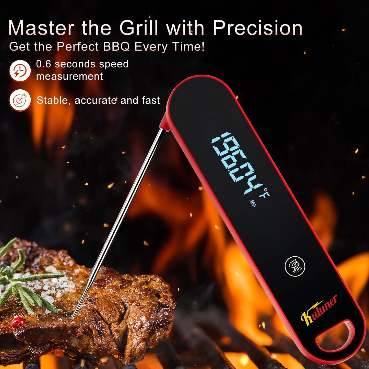 KULUNER The Latest Thermocouple Instant Reading Meat Thermometer Digital,Faster Less Than 0.6 Second Response,IP67 Waterproof Thermometer Suitable for Grilling, Cooking,BBQ Gifts for Men (Red)
