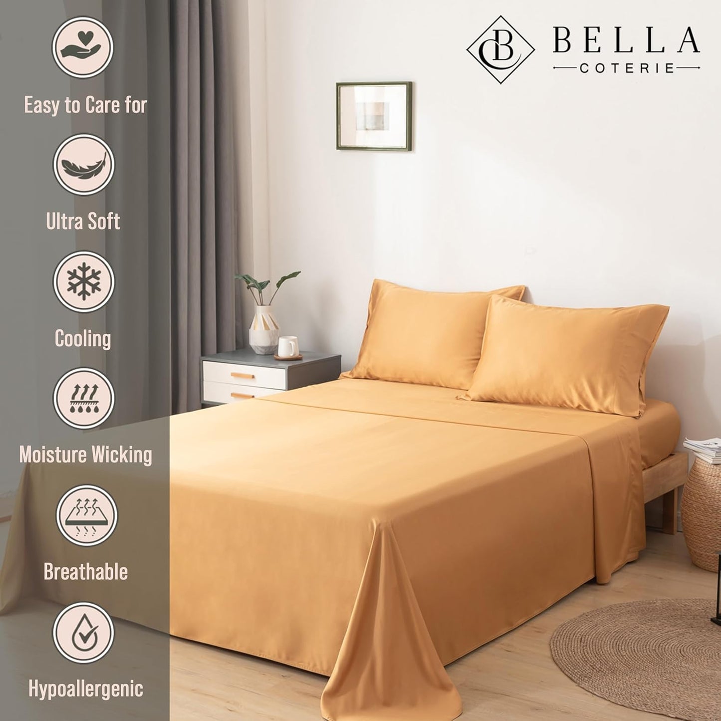 Bella Coterie Luxury Bamboo Viscose Queen Size Sheet Set | 100% Organically Grown | Ultra Soft | Cooling for Hot Sleepers | 18" Deep Pocket [Marigold]