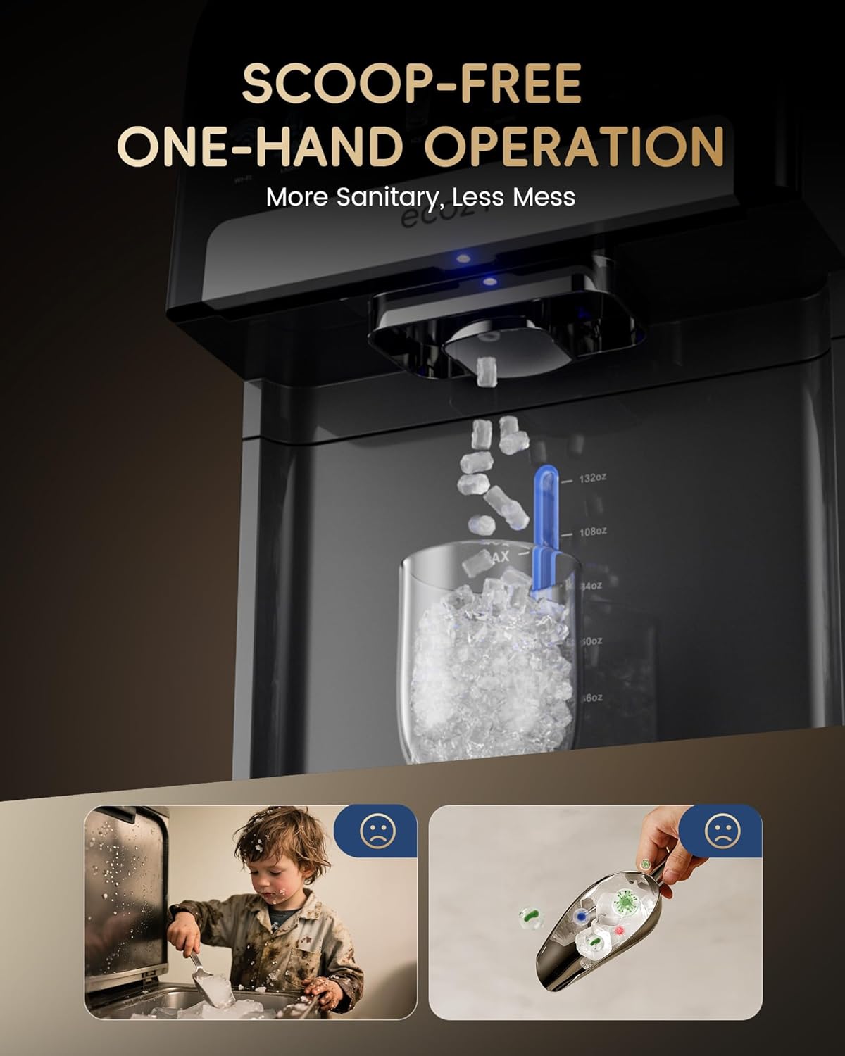 ecozy Nugget Ice Maker Dispenser, Smart 2-in-1 Pebble Ice Machine Countertop & Water Dispenser with App Control, Self-Cleaning, Auto Lighting, TDS Monitor, Measured Dispensing, 33Lbs/Day