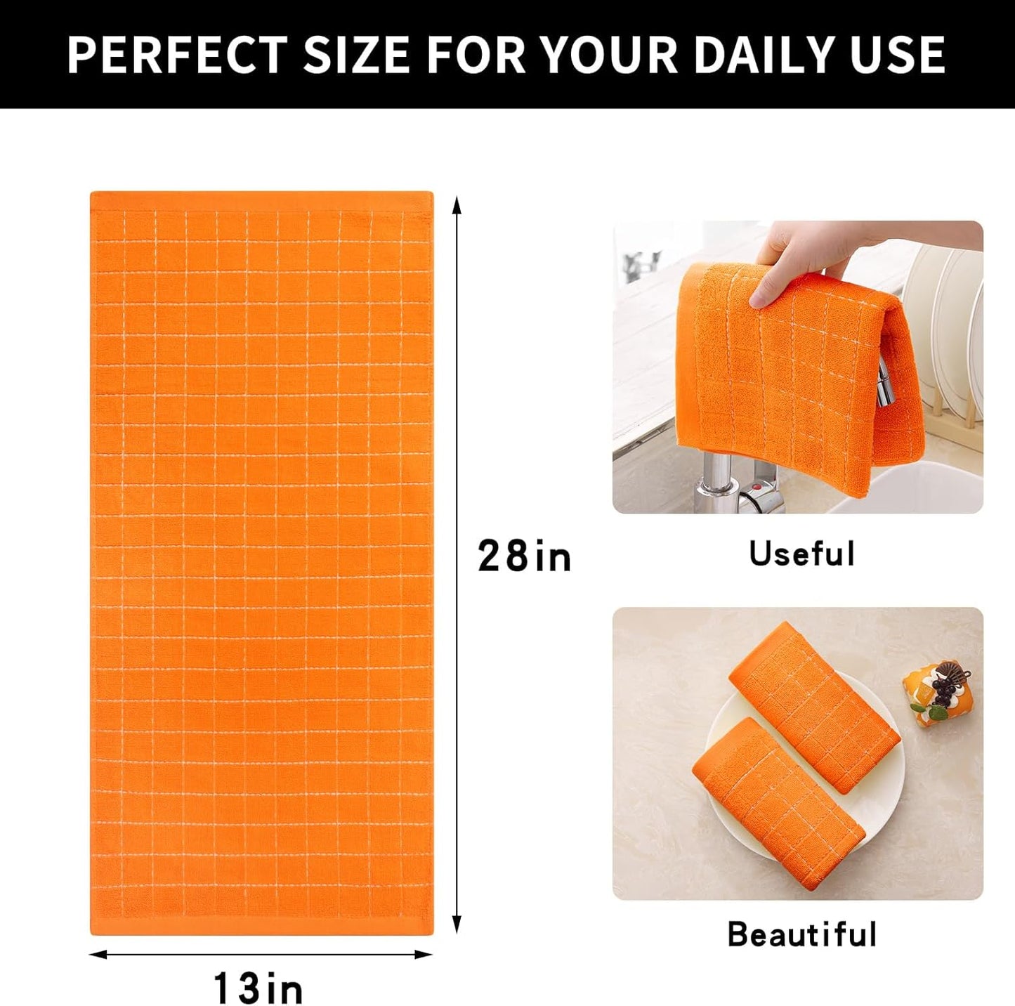 Homaxy 100% Cotton Terry Kitchen Towels(Orange, 13 x 28 inches), Checkered Designed, Soft and Super Absorbent Dish Towels, 8 Pack