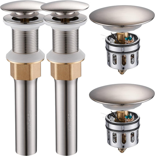 Bathroom Sink Drain Stopper Without Overflow, Pop Up Drain with Detachable Hair Catcher for Lavatory Vanity Vessel Sink, Brushed Nickel 2 Pack, RM082B-P2
