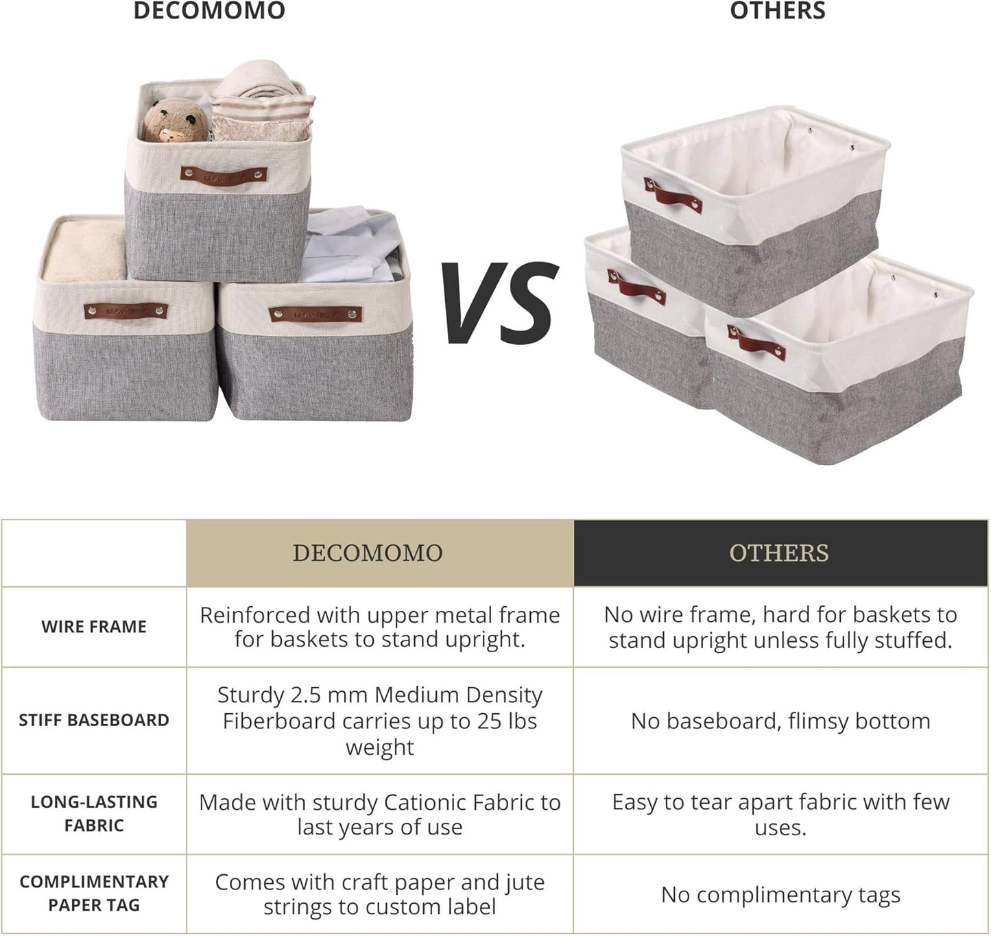 DECOMOMO Storage Baskets for Shelves - Fabric Storage Bins, Linen Closet Organizers and Storage (Grey & White, Large - 4 Pack)