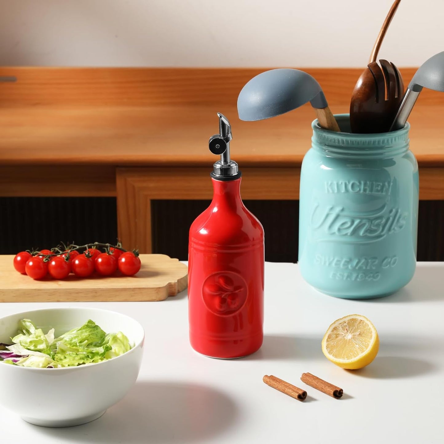 Sweejar 16 Oz Ceramic Olive Oil Dispenser Bottle, Oil Dispenser for Kitchen with Gravity Spout, Relief Opaque Oil Container for Evoo, Avocado Oil, Vinegar, Soy Sauce, 1 Pack(Red, Silver Spout)