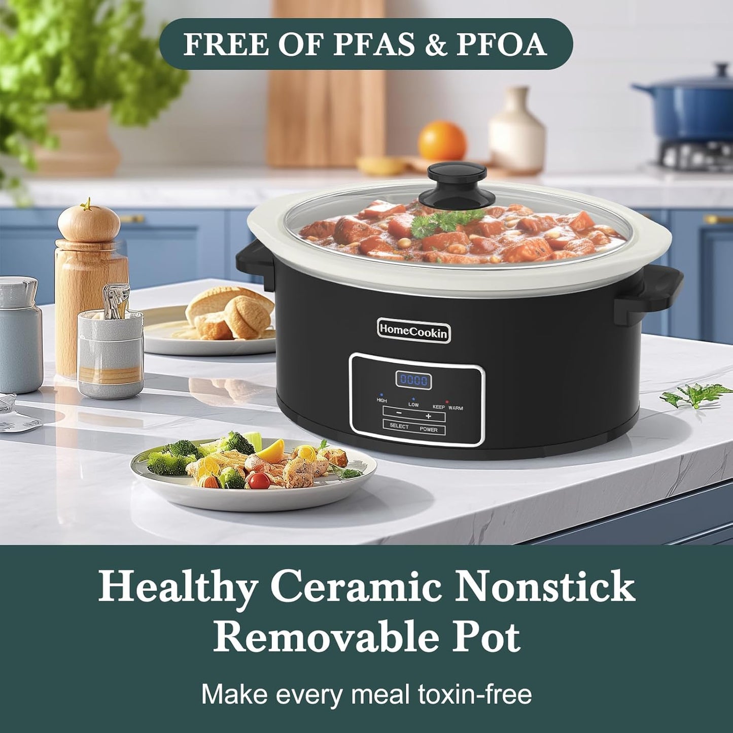 HOMECOOKIN 8-Quart Programmable Slow Cooker with Timer Keep Warm - Small Kitchen Appliance for Family Dinners - Serves 6+ People (Black)