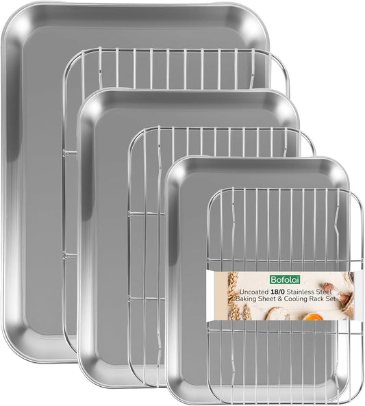 18/0 Stainless Steel Baking Sheet with Cooling Rack, Oven-Safe Non-Toxic Cookie Sheets for Baking, Set of 6, Coating Free & Rust Resistant for Healthy Family Baking, Easy to Clean, Heavy-Duty