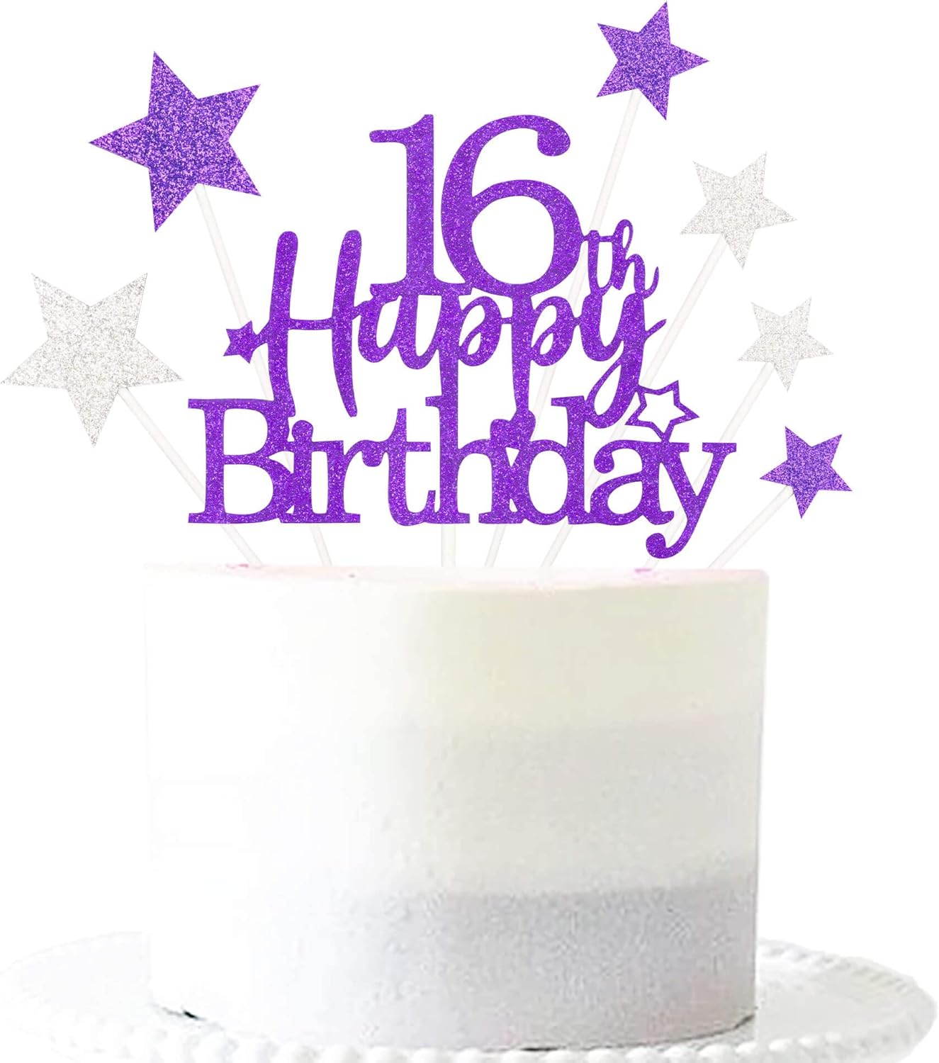 Glittery 16th Happy Birthday Cake Topper with Star,Personalised 16 Birthday Cake Toppers Party Decorations Party Supplies for Boys Girls Purple Silver