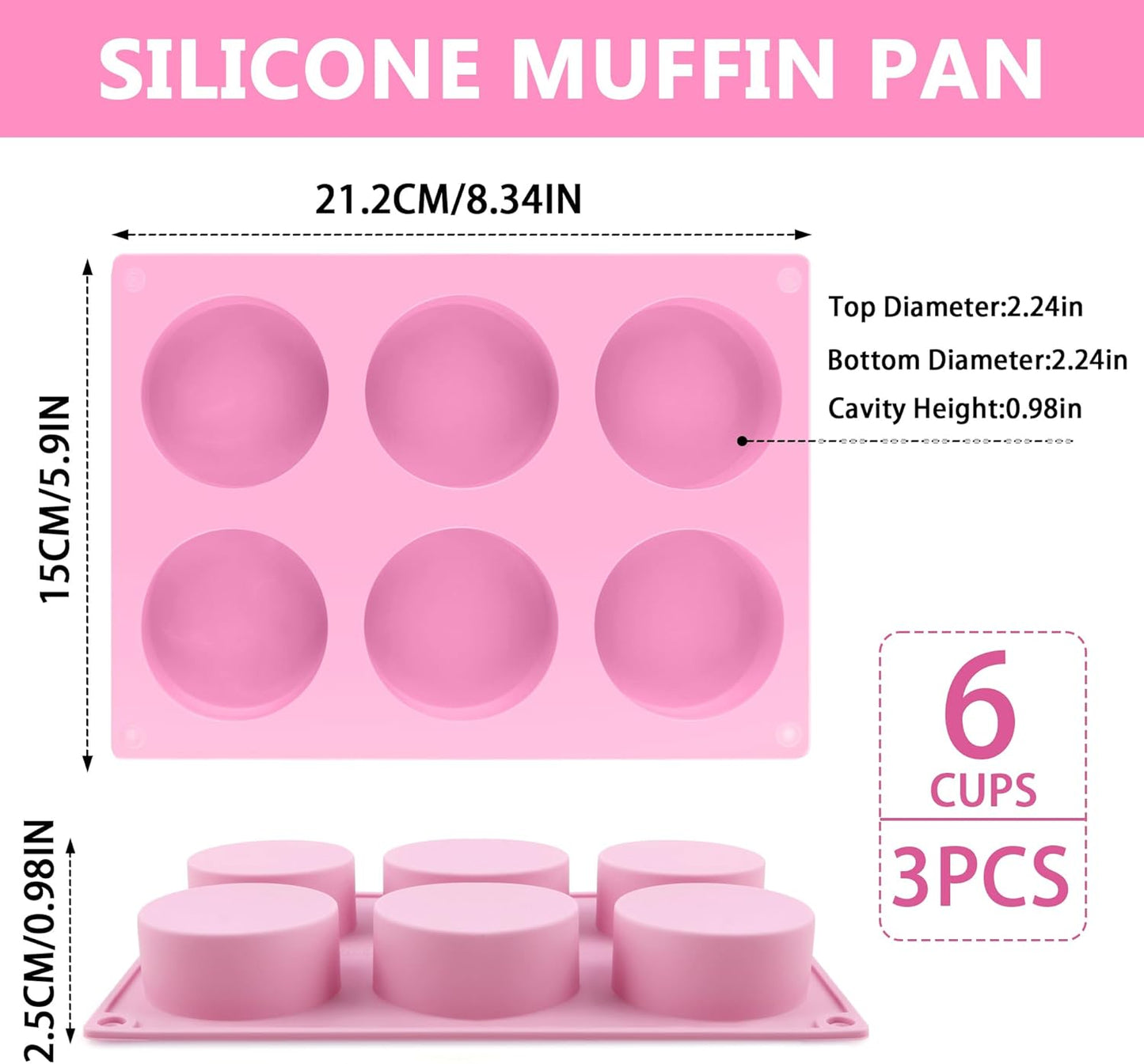 3-Pack Jumbo 6-Cup Silicone Muffin Pan Silicone Muffin Pan - Non-Stick Baking Mold for Cupcakes, Cornbread, Eggs - Pink