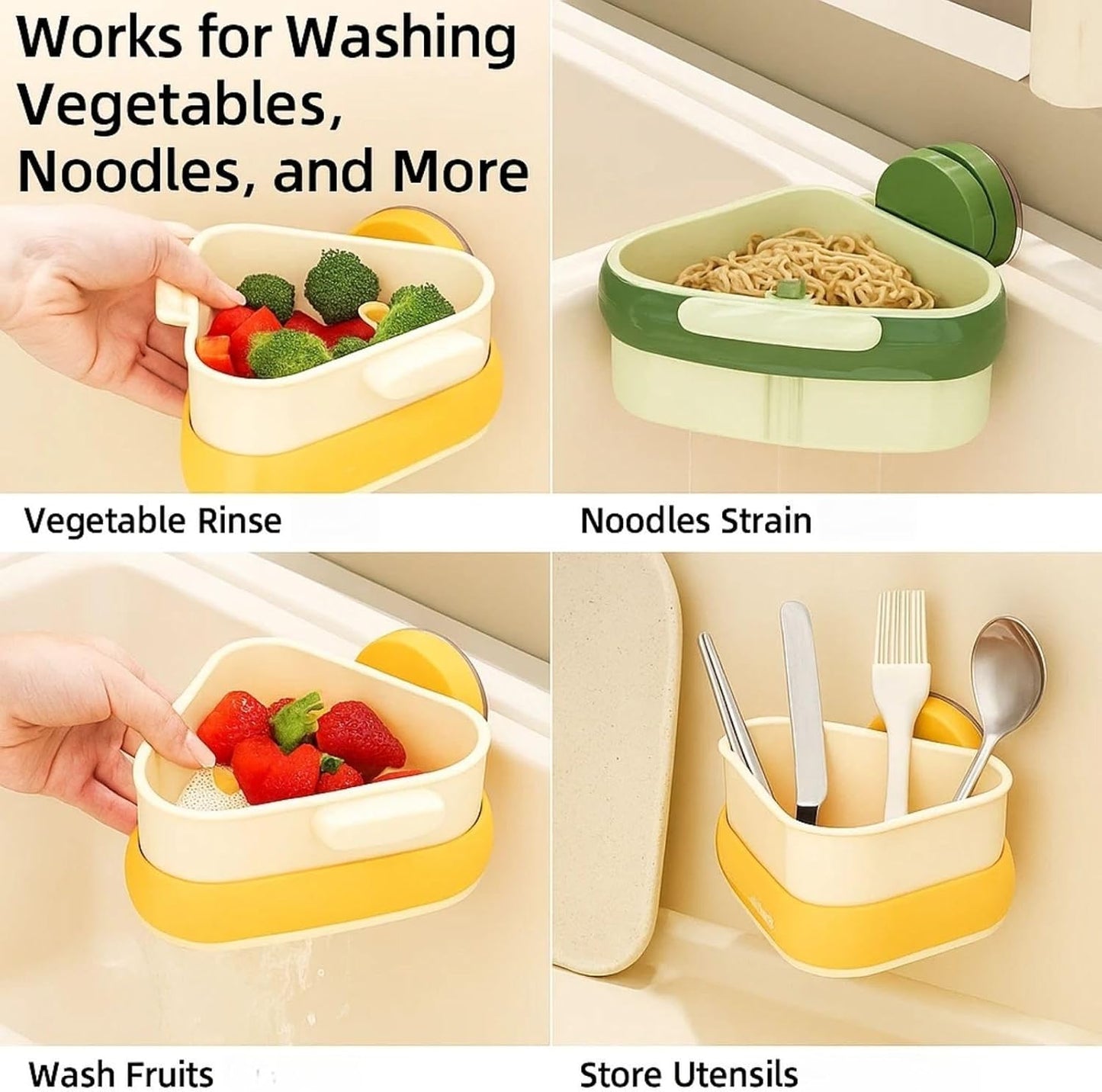 2025 Upgraded Suction Cup Sink Corner Strainer – Hangable Kitchen Sink Drain with Hanging Sink Drain Basket, Food Waste Catcher & Sink Food Catcher Basket, Kitchen Sink Food Waste Catcher (Yellow)
