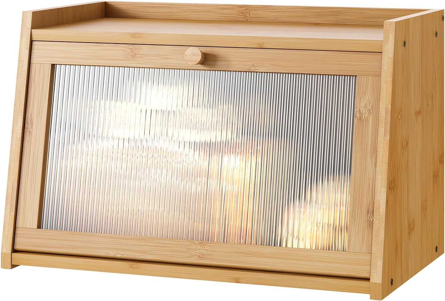 Bread Box for Kitchen Counter, Large Bamboo Bread Storage Container with Wavy Arcylic Door, Bamboo Wooden Farmhouse Bread Box for Your House (Natural, Medium)