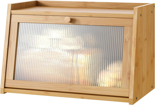 Bread Box for Kitchen Counter, Large Bamboo Bread Storage Container with Wavy Arcylic Door, Bamboo Wooden Farmhouse Bread Box for Your House (Natural, Medium)