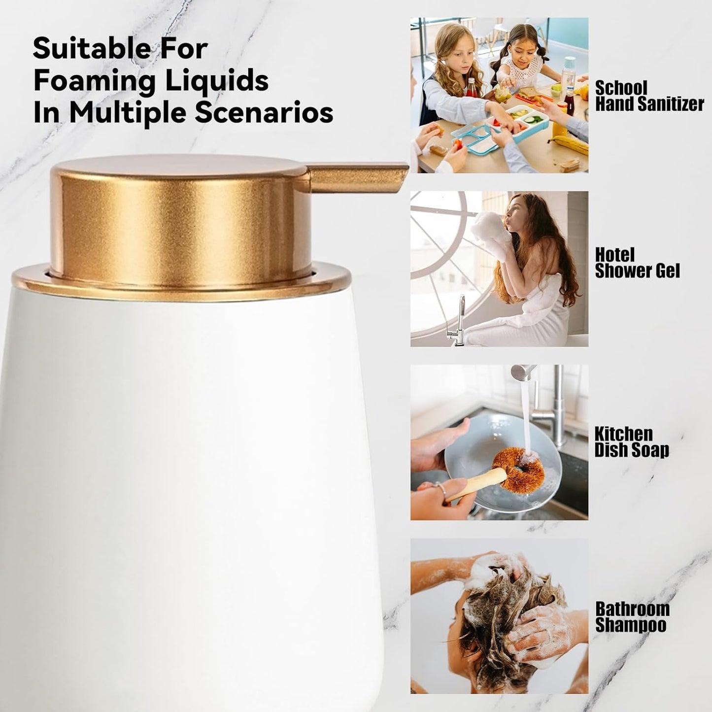 Foaming Soap Dispenser - 12 Oz White Ceramic Foam Hand Soap Dispenser for Bathroom, Face Wash Dispenser Bottle with Matte Golden Foam Pump, Refillable Lotion Dish Dispenser for Kitchen