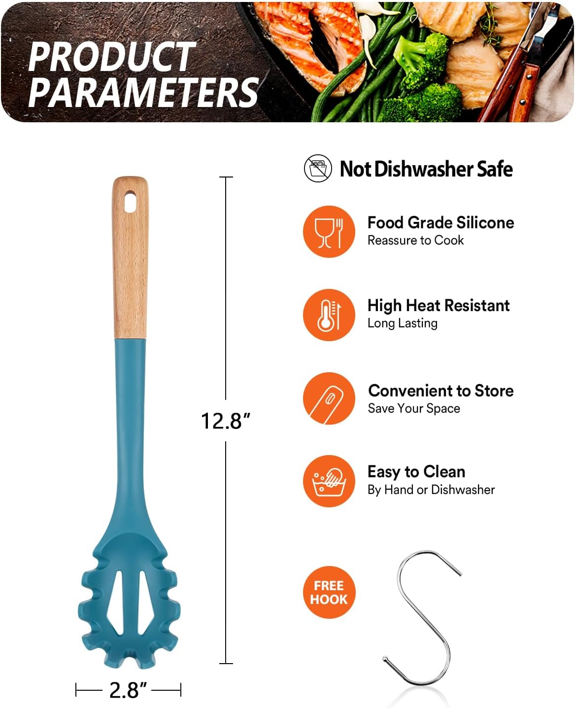 Silicone Pasta Fork, Kitchen Heat Resistant Noodle Spoon Server, BPA Free Spaghetti Strainer,12.8 inch (BLUE)