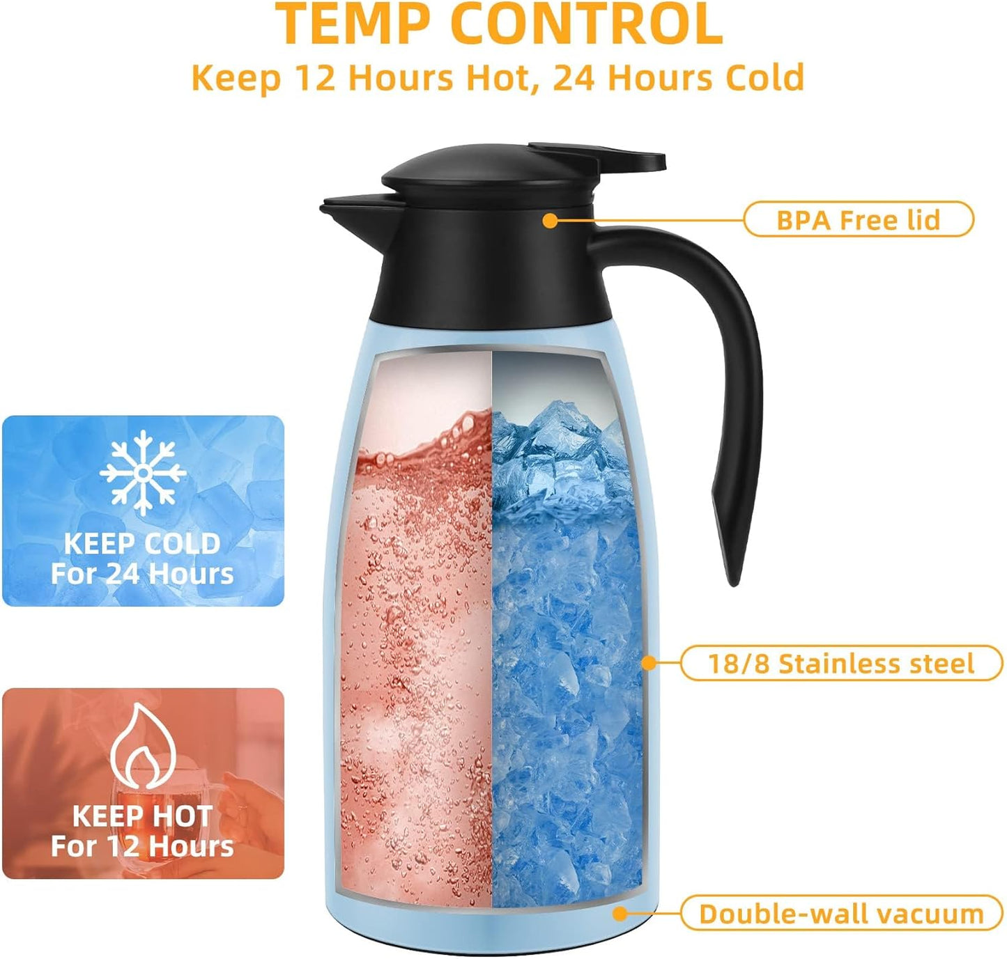 70oz Coffee Carafe Airpot Insulated Coffee Urn Stainless Steel Vacuum Thermal Pot Flask for Coffee, Hot Water, Tea, Hot Beverage Keep 12 Hours Hot, 24 Hours Cold, Blue