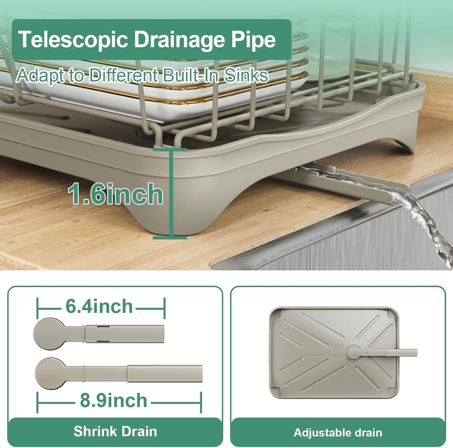 Dish Drying Rack, 2-Tier Dish Drying Rack with Utensil Holder – Large Capacity Auto-Draining Dish Drainer with Drainboard for Kitchen Counter, Grey