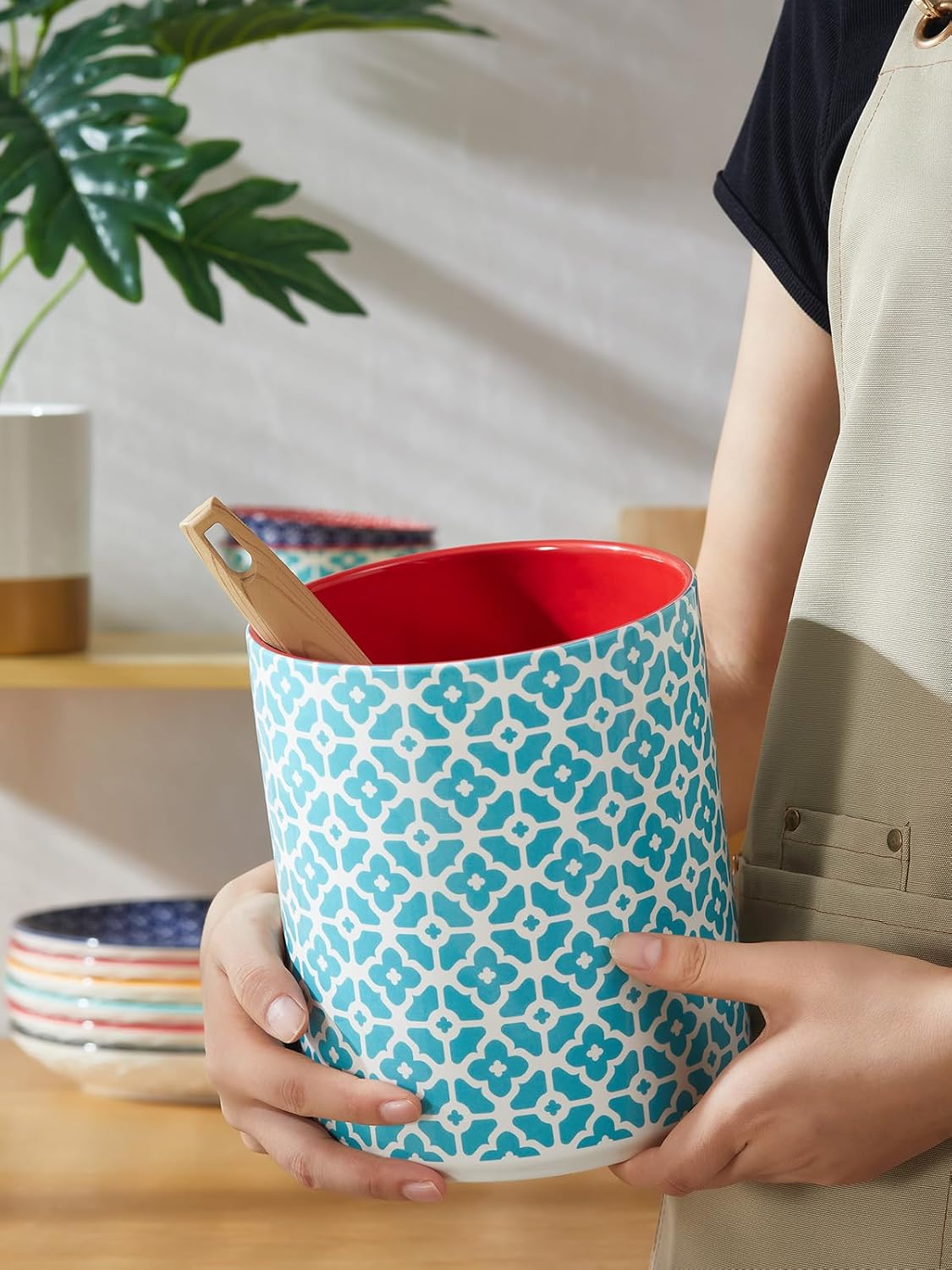 DOWAN Colorful Large Utensil Holder, 7.2" x 6.2" Ceramic Kitchen Utensil Holder for Countertop, Vibrant Patterned Utensil Crock with Protection Cork Mat, Utensil Caddy for Housewarming & Wedding Gift