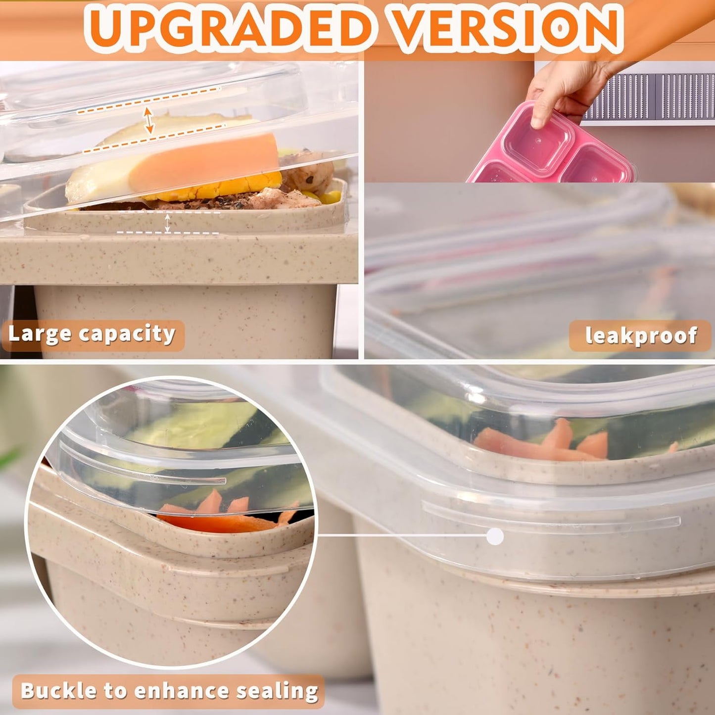 4-Pack Leakproof Bento Box & Snack Containers for Kids & Adults | 6-Compartment with 4 Sauce Cups | Ideal for School, Office, Picnic & Travel (38oz/1100ml) (Pink/Beige/Orange/Green)