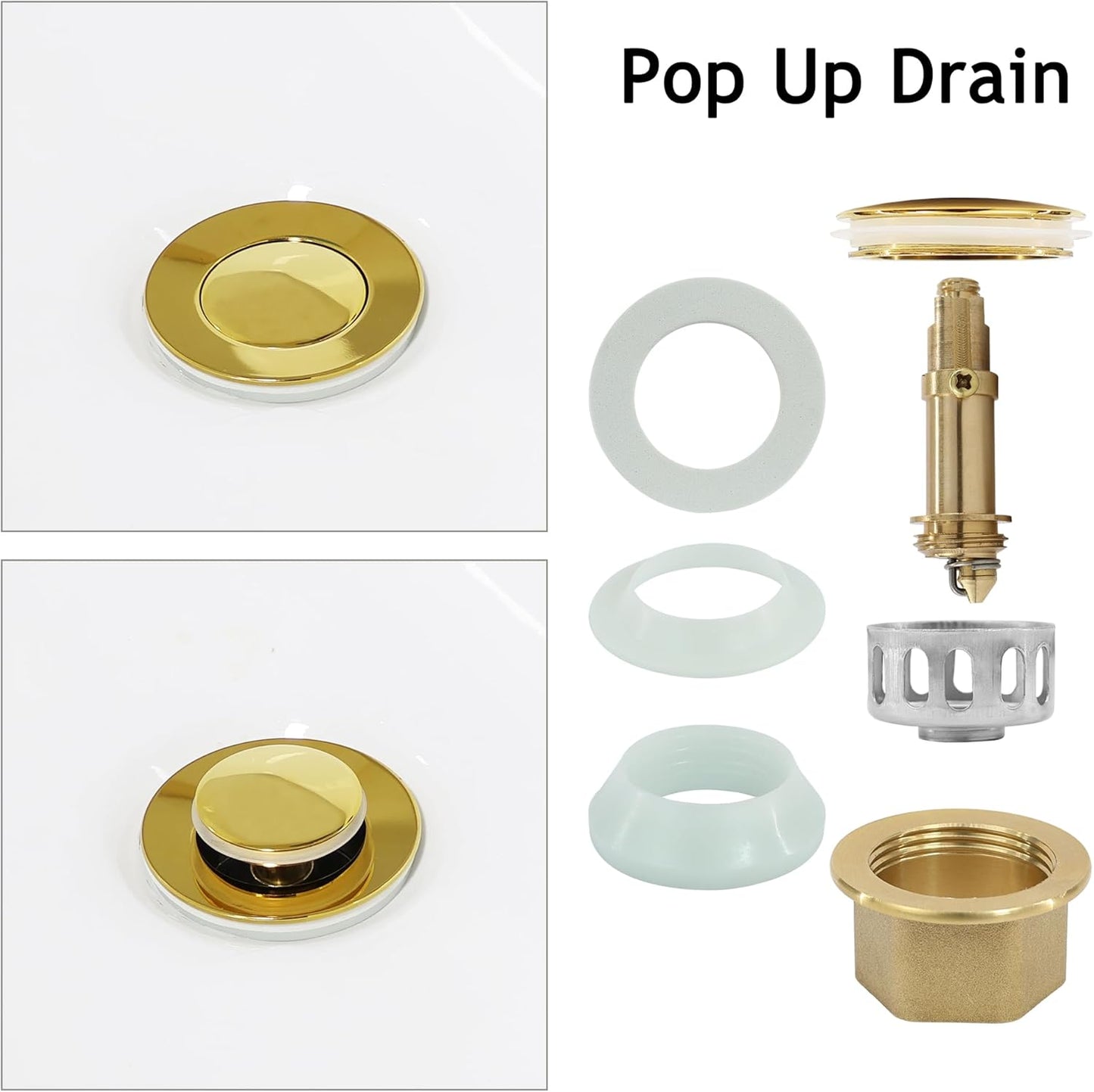 Bathroom Sink Drain,2 Pack Gold Stainless Steel Bathroom Drain Stopper with Overflow,Small Cap Pop Up Drain Assembly with Detachable Strainer Basket,Built-in Anti-Clogging