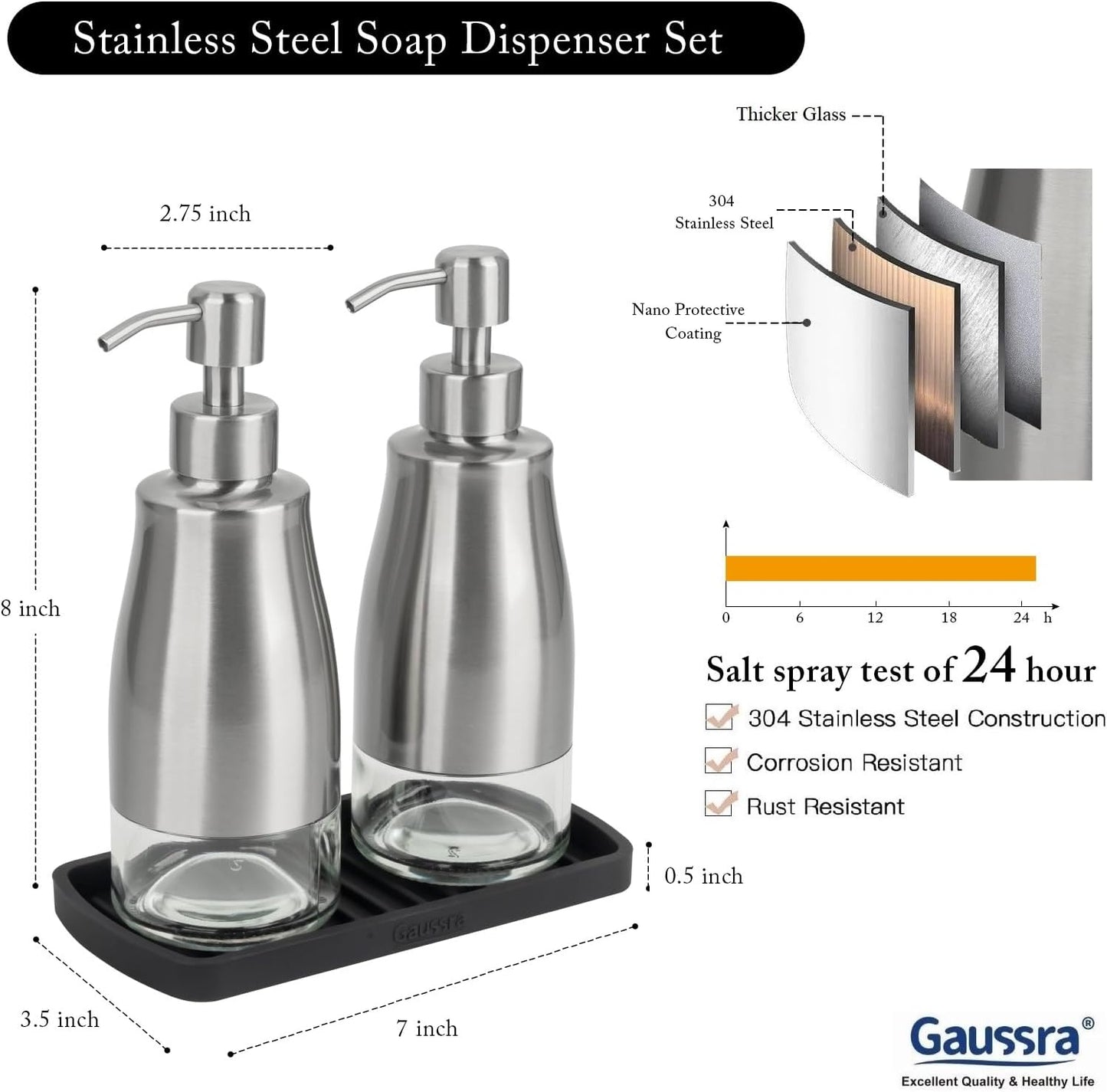 Kitchen Soap Dispenser Set with Silicone Tray and Stickers - Brushed Nickel, Stainless Steel Glass Soap Dispenser Bathroom, Refillable Hand Dish Soap Dispenser for Kitchen Sink