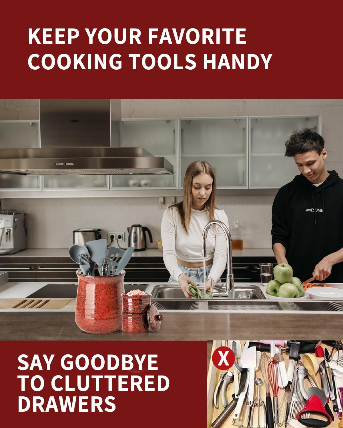 Hasense Kitchen Utensil Holder for Countertop, 7.1” Large Ceramic Utensil Crock, Utensil Caddy, Utensil Organizer and Rustic Table Decor for Spatulas, Red