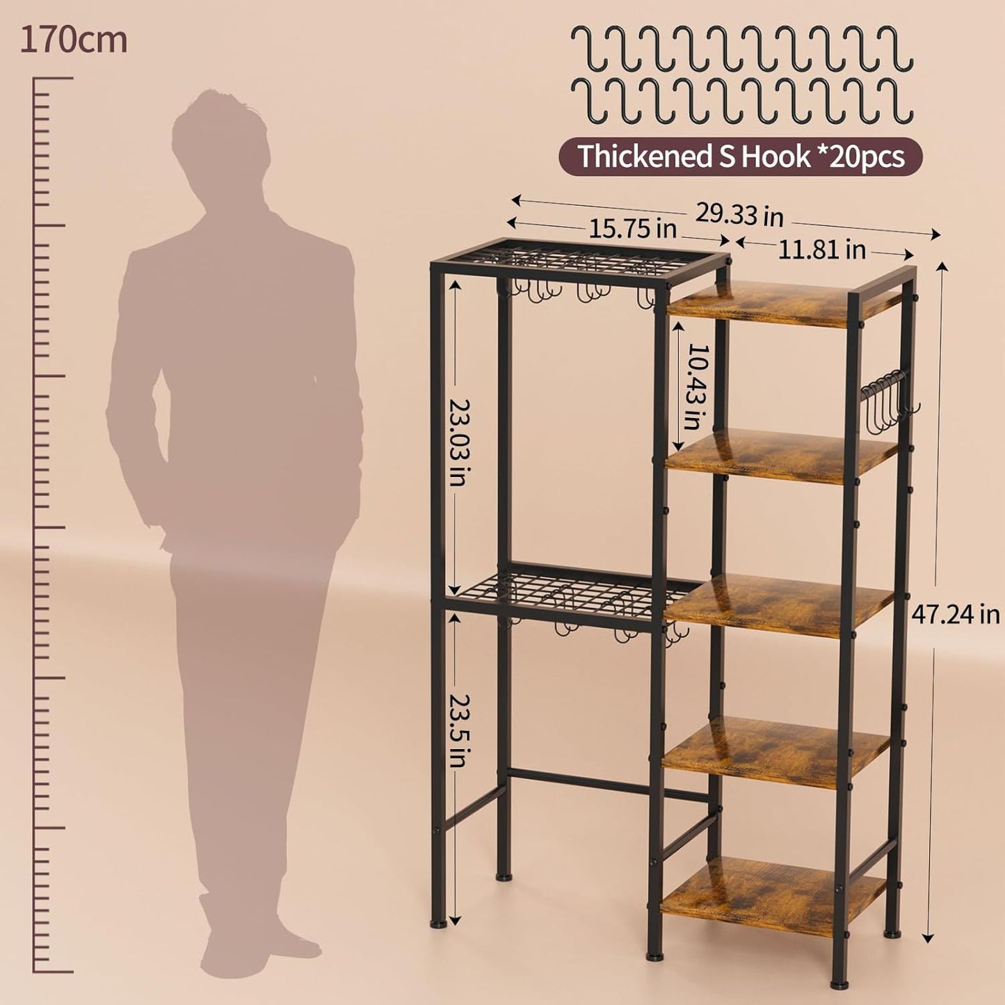 5-Tier Pot and Pan Organizer Rack with Hooks, Heavy-Duty Kitchen Storage Shelf for Cookware, Dishes, and Utensils, Freestanding Metal Pot Rack Organizer for Kitchen, Pantry, or Dining Room