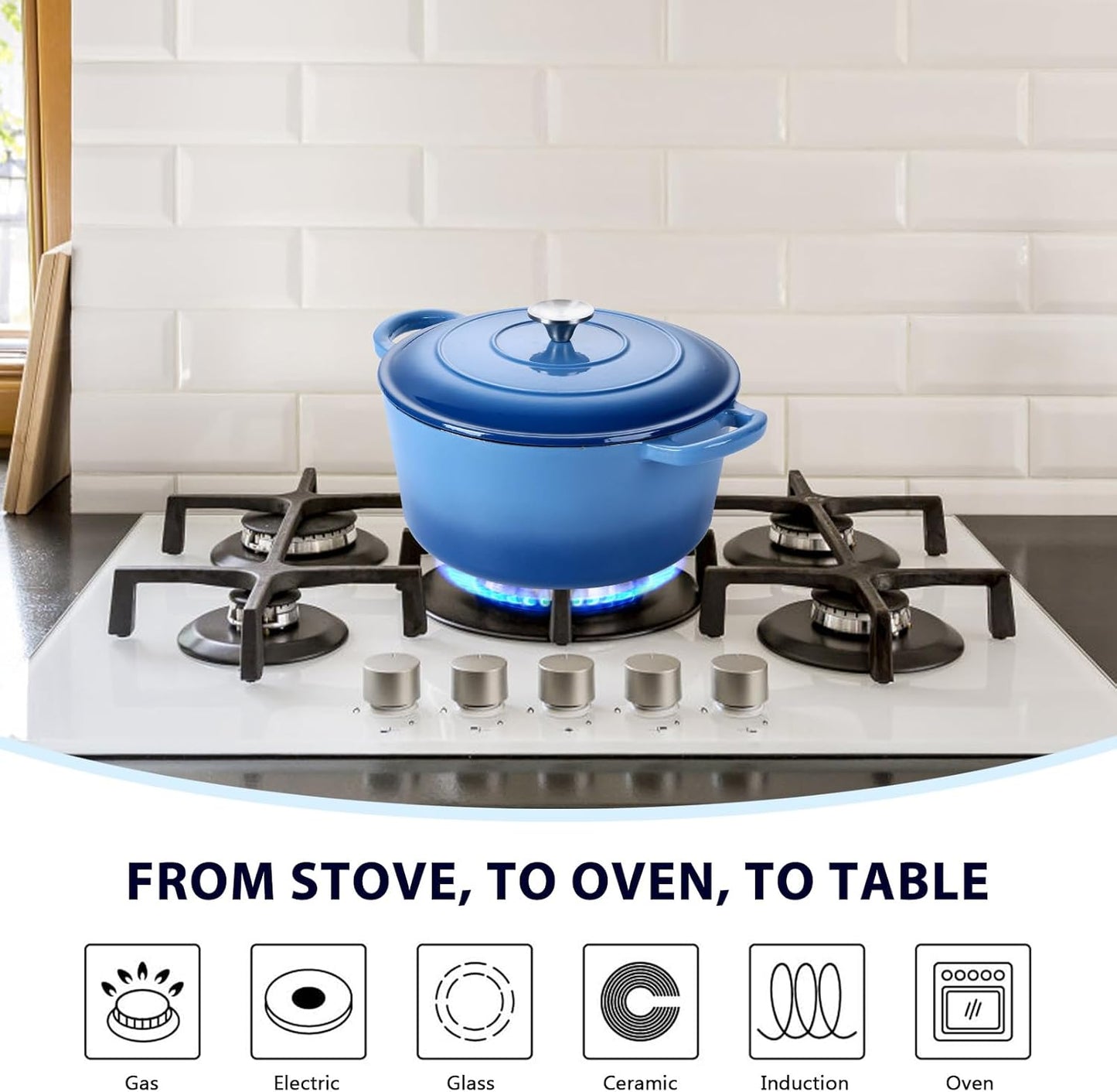 3 Qt Enameled Cast Iron Dutch Oven with Lid, E-far Small Round Nonstick Dutch Oven Pot for Bread Baking Braising Stews Roasting Cooking, Heavy Duty, Induction & Oven Safe - Blue