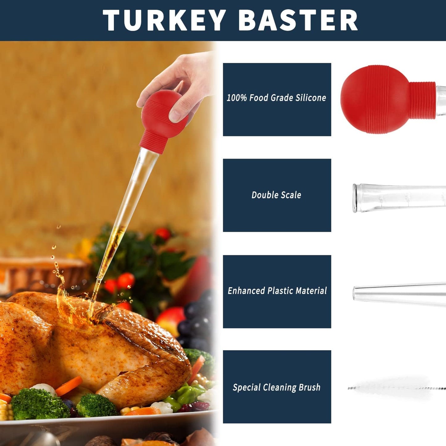Turkey Baster With Cleaning Brush, Baster Syringe for Home Baking and Roaster Turkey, Include Detachable Food Grade Bulb with Double Scales for BBQ Grill Baking Kitchen Cooking，RED