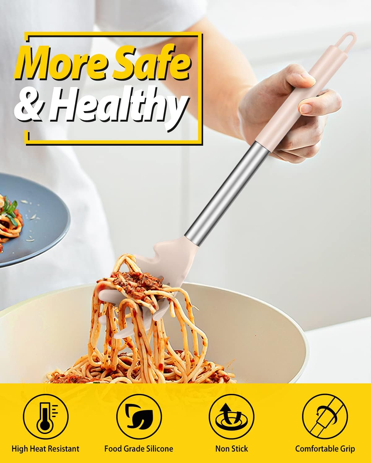 Silicone Pasta Fork and Ladle Spoon Set, Large Non Stick Kitchen Utensils for Cooking,Stirring,Serving Spaghetti, Soup, Sauce (KHAKI)