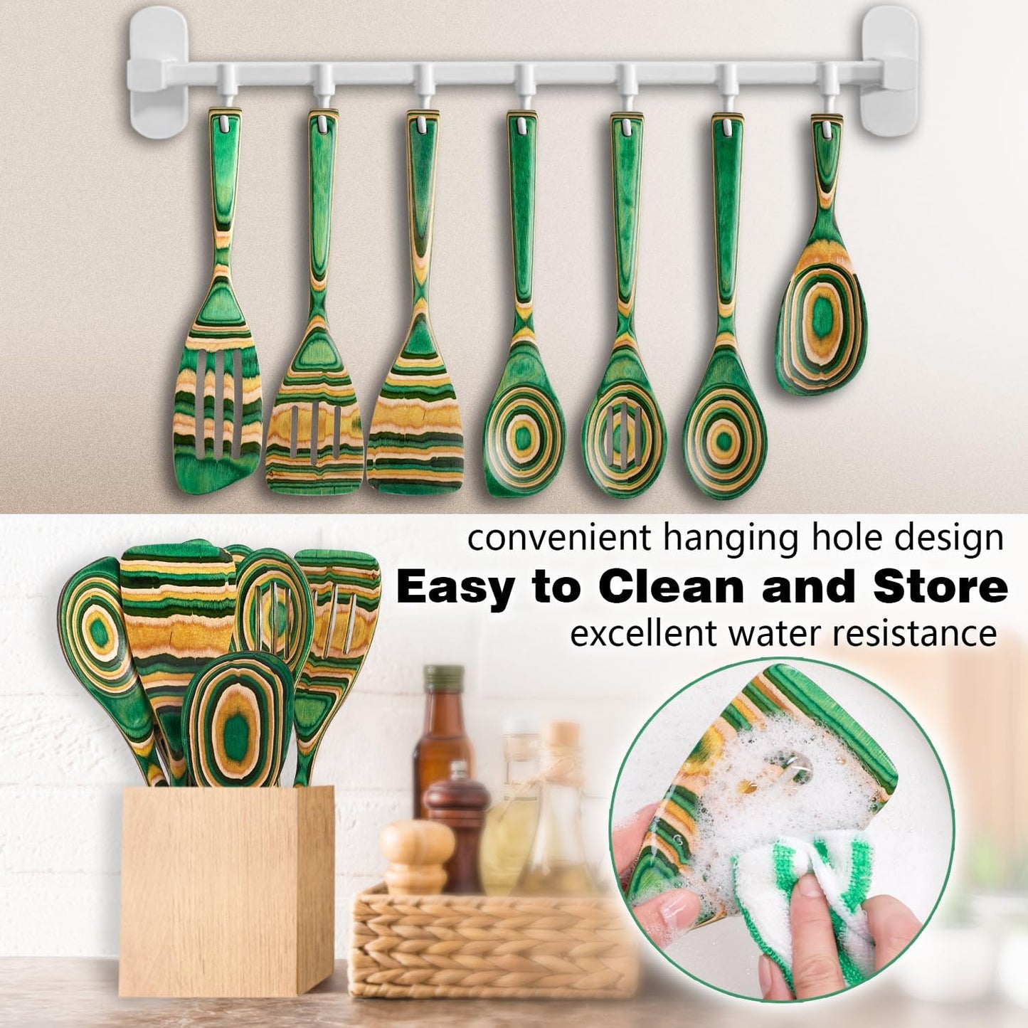 Kitchen Pakkawood Wooden Spoons for Cooking – 7-Piece Kitchen Utensil Set with Spatula, Corner Spoon, Rice Paddle – Nonstick Safe Durable Wooden Cooking Tools for Home Kitchen by Howhong (Oasis)