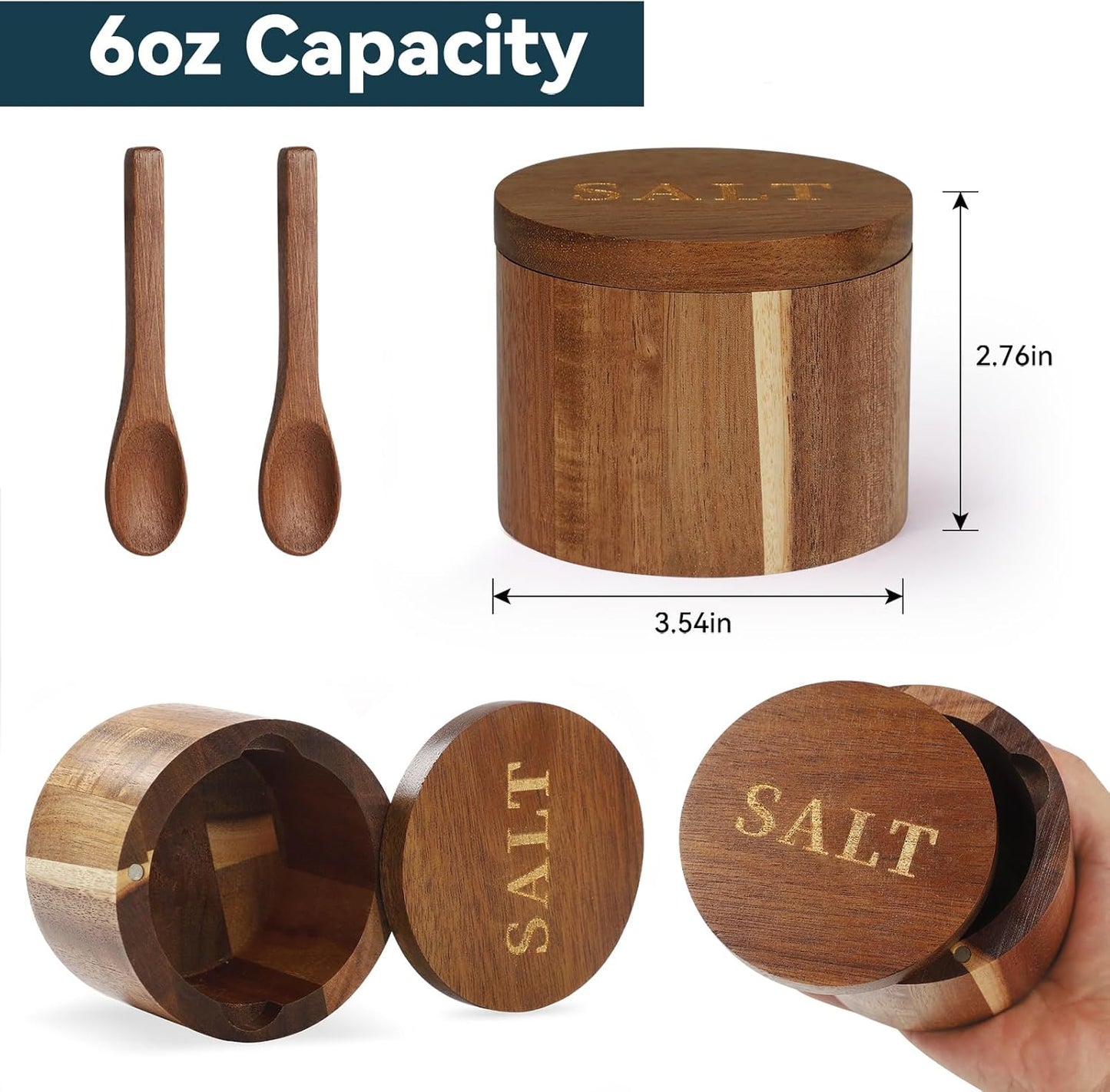 Salt Cellar, Acacia Wood Salt Container with Built-in Spoon & Swivel Lid, Engraved SALT Box, Salt Holder Bowl for Countertop Seasoning Storage